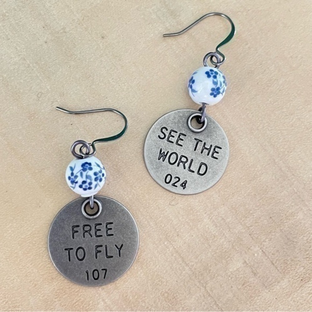 $10 SALE Mixed Metal Charm Blue White Floral Bead Earrings Inspirational Travel